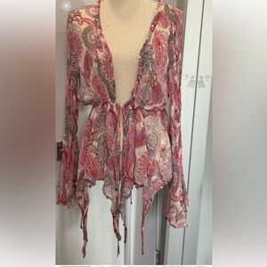 Zara Pink and Red Asymmetrical Bell Sleeve Blouse